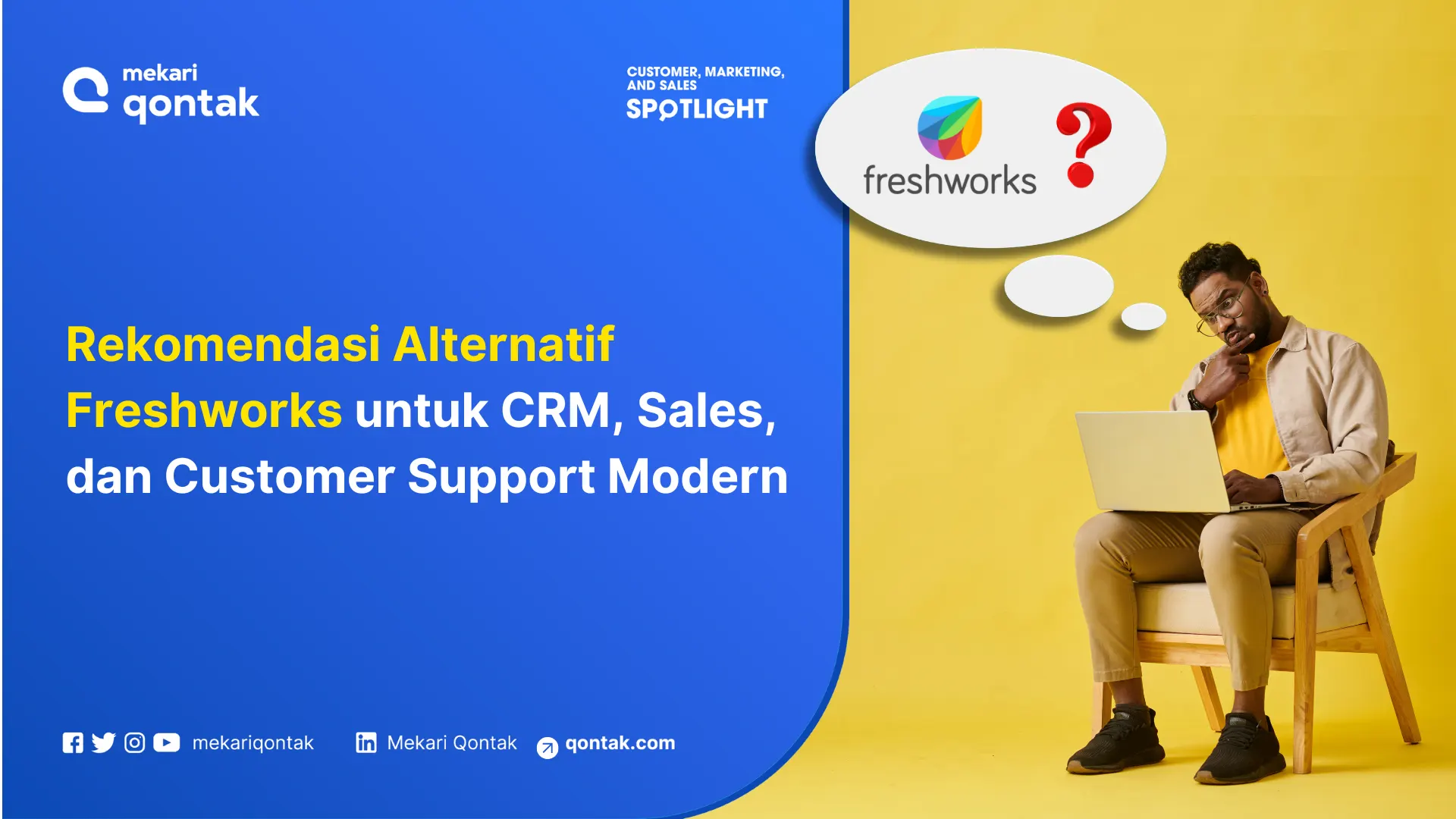 Seorang pria duduk di kursi kayu dengan laptop terbuka di pangkuannya, merenungkan alternatif untuk Freshworks dalam CRM dan dukungan pelanggan. Latar belakangnya berwarna kuning cerah.