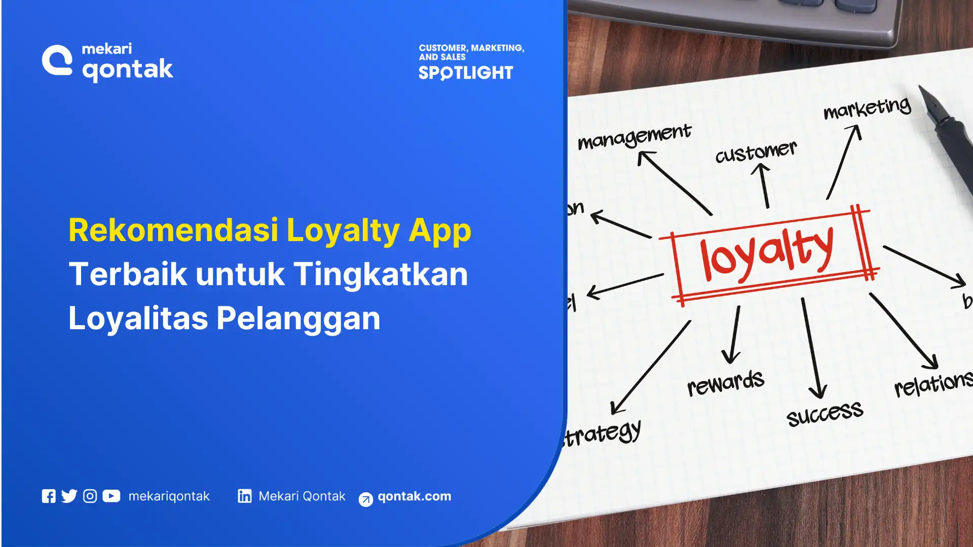 Diagram berisi kata "loyalty" di tengah, dikelilingi oleh berbagai konsep terkait seperti manajemen, pemasaran, dan penghargaan, di atas meja kayu.