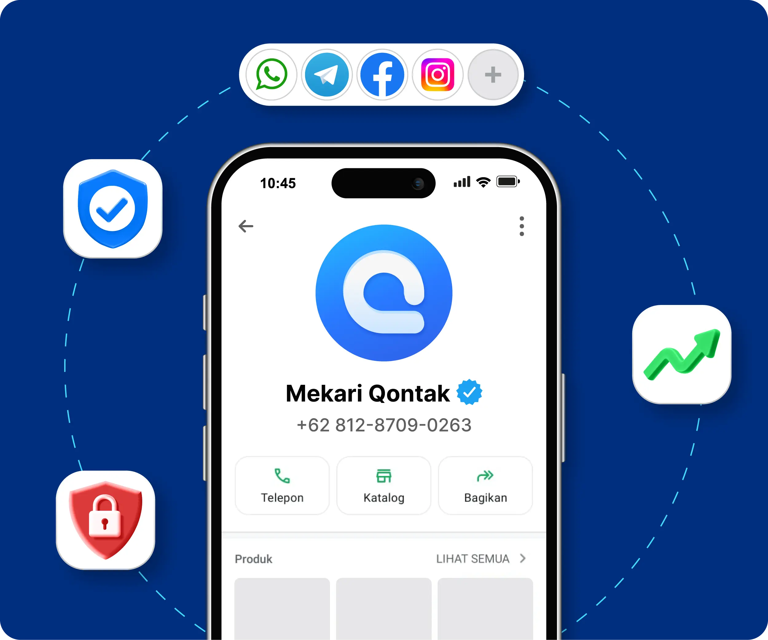 Sebuah ponsel menampilkan profil "Mekari Qontak" dengan nomor telepon dan opsi kontak, dikelilingi ikon media sosial dan simbol keamanan, di latar biru.