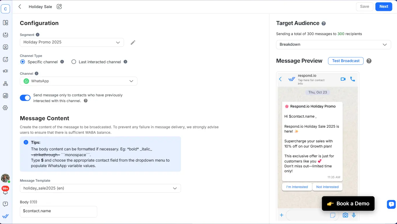 Respond.io WhatsApp Blast Message Template Builder Dashboard