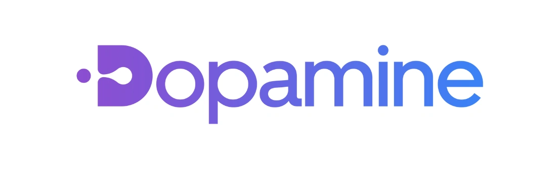 Logo dengan tulisan "Dopamine" menggunakan gradasi warna ungu ke biru, menggambarkan konsep inovatif dan menarik dalam konteks teknologi atau kesehatan mental.