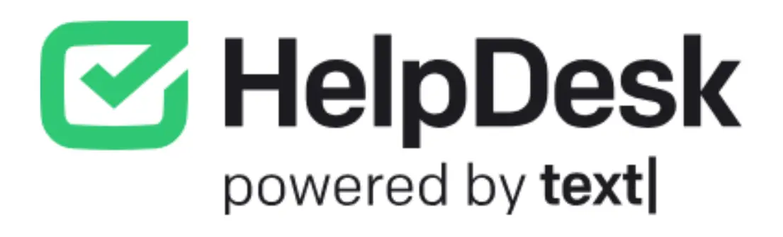 Logo HelpDesk menampilkan centang hijau yang menandakan dukungan, dengan tulisan "powered by text" sebagai identitas perusahaan dalam konteks layanan.