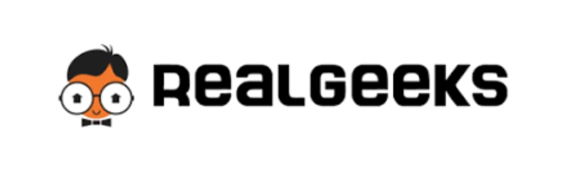Logo bertuliskan "RealGeeks" dengan ikon karakter yang terlihat ceria. Desain sederhana ini mencerminkan perusahaan teknologi yang fokus pada layanan digital.