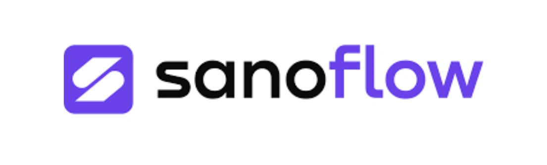 Logo SanoFlow menampilkan desain modern dengan warna ungu dan hitam, menyimbolkan layanan inovatif dalam bidang kesehatan digital.