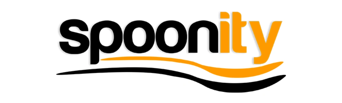 Logo Spoonity menampilkan teks dengan gaya huruf modern. Teks berwarna hitam dan oranye diapit oleh garis bergelombang, menciptakan kesan dinamis dan inovatif dalam konteks layanan digital.