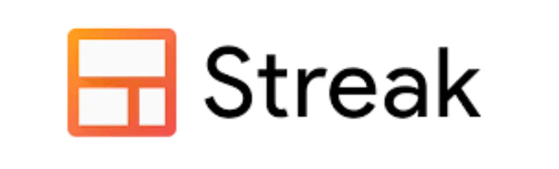 Logo berwarna oranye dan hitam menampilkan tulisan "Streak" dengan desain minimalis, digunakan untuk aplikasi manajemen hubungan pelanggan.