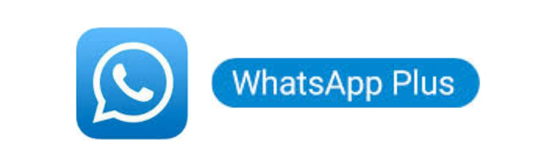 Logo WhatsApp Plus berwarna biru dengan ikon seperti telepon di sebelah kiri, menunjukkan aplikasi pesan dengan fitur tambahan.
