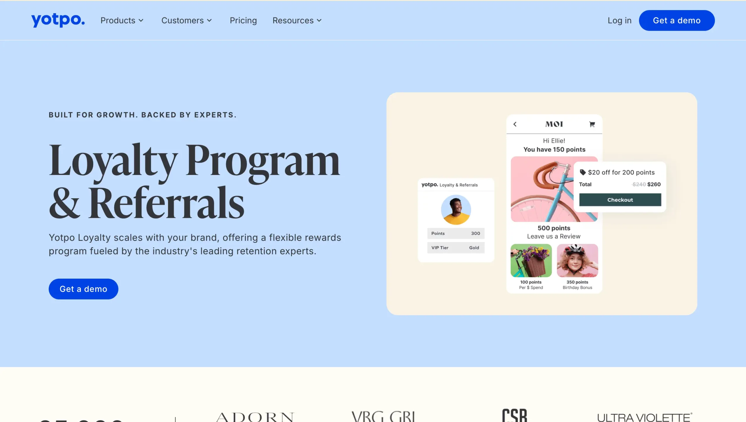 Yotpo Landing Page best customer loyalty platform-Program loyalitas ditampilkan dengan rincian poin dan tawaran diskon, membantu pengguna mendapatkan manfaat dari belanja mereka dalam aplikasi.