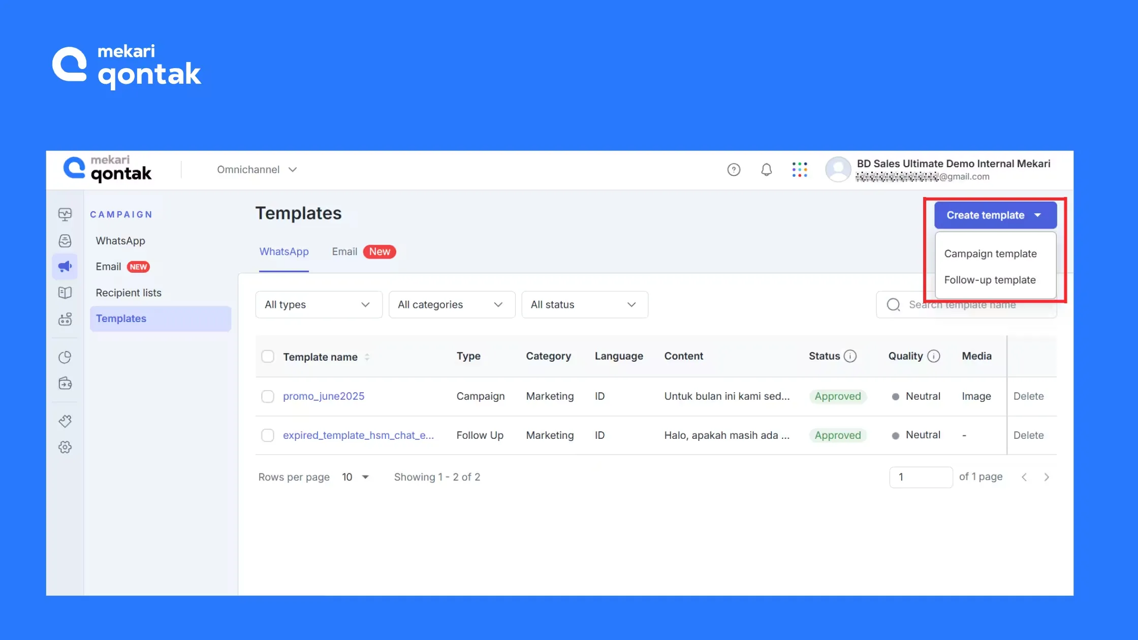 Daftar template menampilkan dua entri, "promo_june2025" dan "expired_template_hsm_chat". Pengguna dapat membuat template baru untuk kampanye atau tindak lanjut.