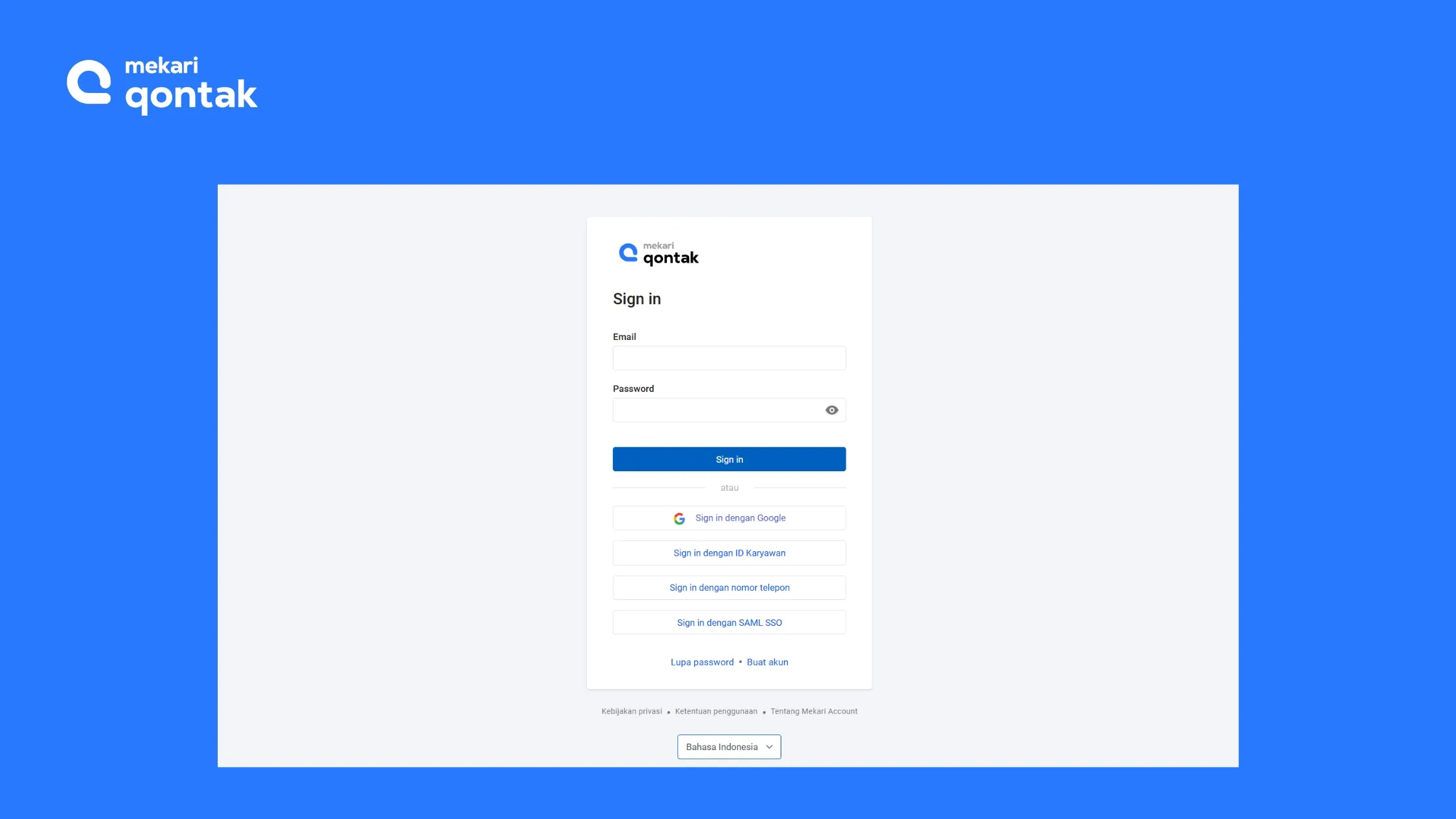 Formulir masuk dengan kolom untuk email dan kata sandi, memungkinkan pengguna untuk mengakses platform Mekari Qontak di latar belakang biru.