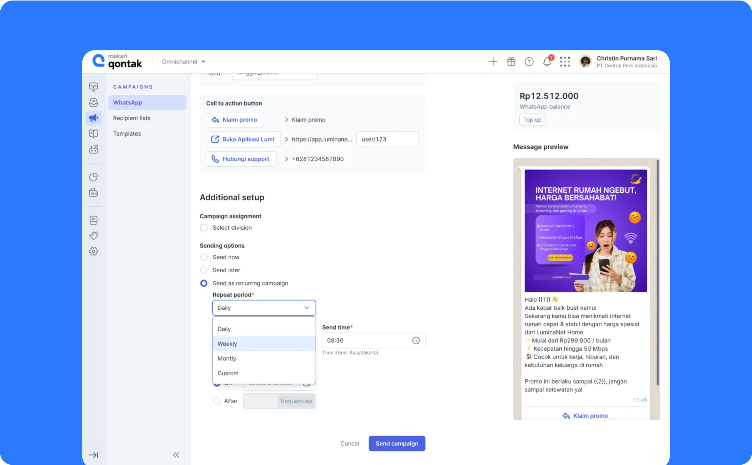 Tampilan antarmuka aplikasi untuk mengelola kampanye WhatsApp, memungkinkan pengguna mengatur pesan promosi dengan opsi pengiriman yang fleksibel dan detail gaya.