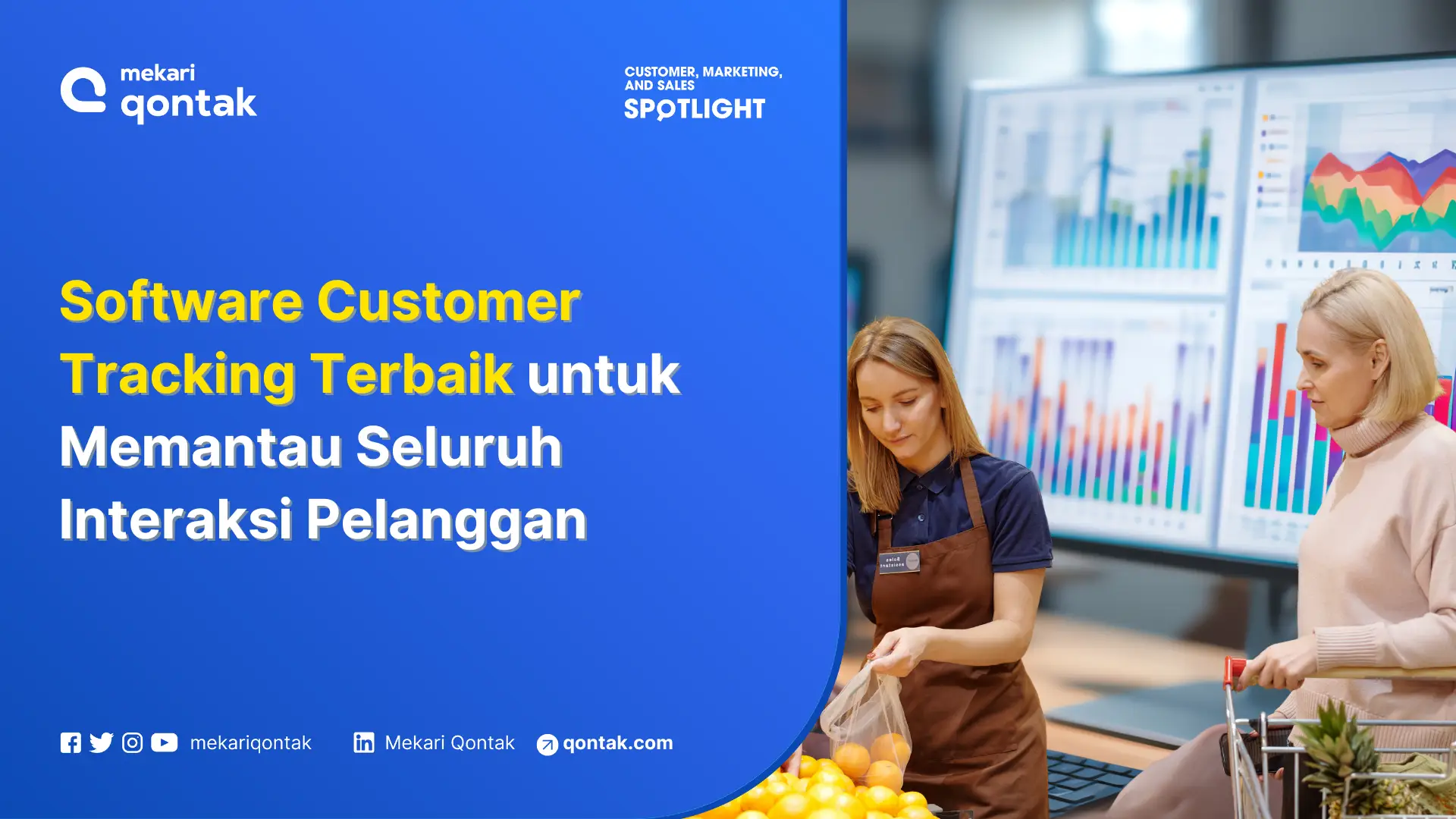 Software Customer Tracking membantu memantau interaksi pelanggan di lapangan, sementara dua wanita beraktivitas dalam lingkungan ritel modern.
