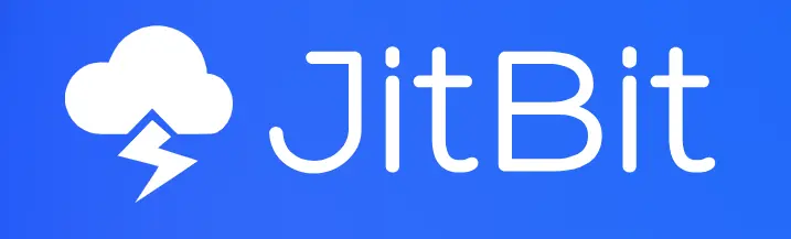Logo Jitbit menampilkan teks modern berwarna putih di atas latar belakang biru cerah dengan simbol awan dan petir. Desain ini mencerminkan layanan teknologi yang inovatif.