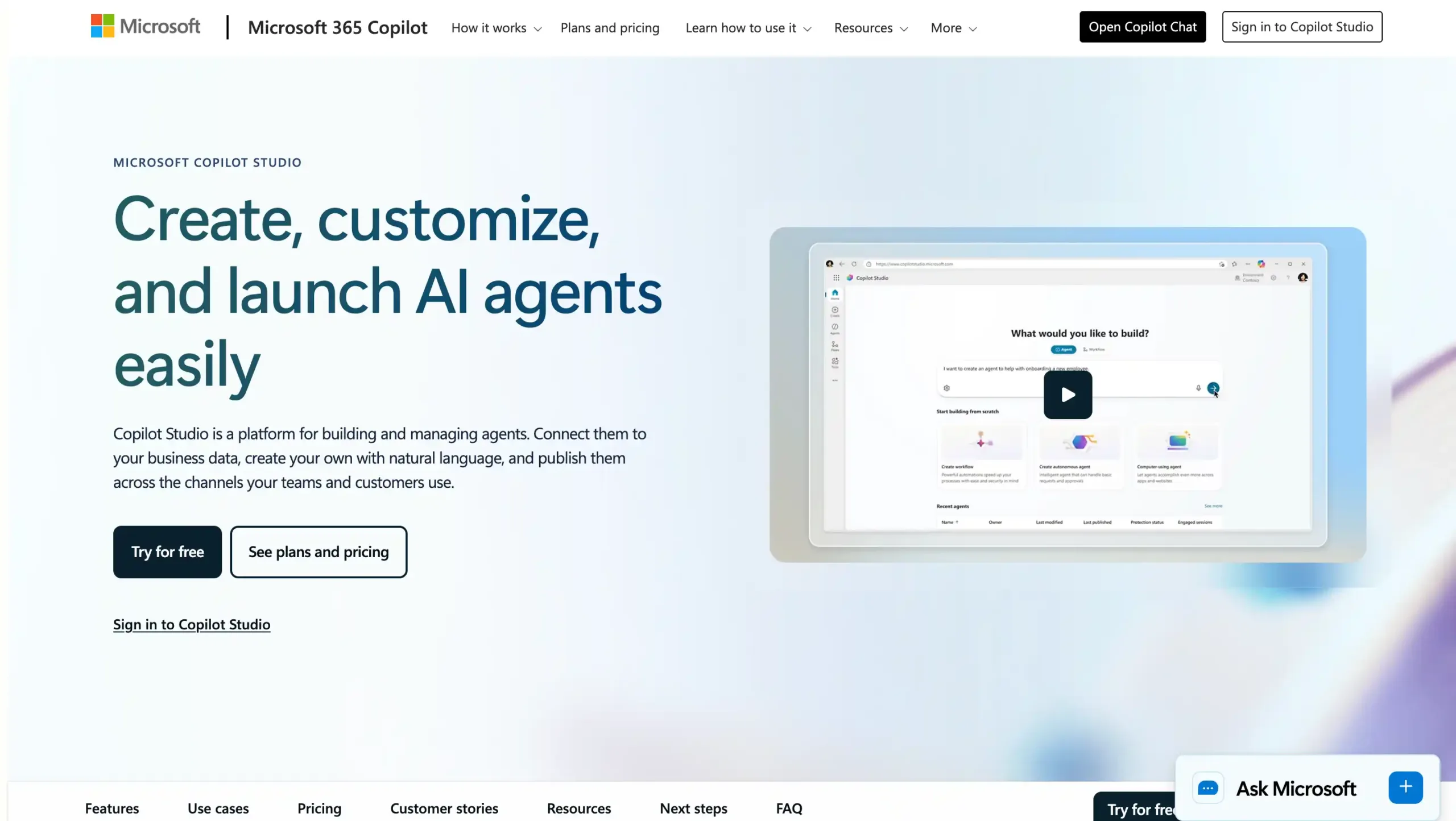 Landing Page Microsoft Copilot Studio Microsoft Copilot Studio-tools ai agent automation terbaik
