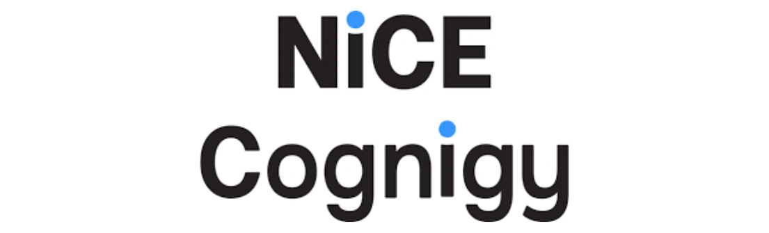 Kombinasi kata "NiCE" dan "Cognigy" menampilkan logo dengan desain sederhana. Logo ini digunakan untuk menunjukkan kerja sama di bidang teknologi komunikasi.