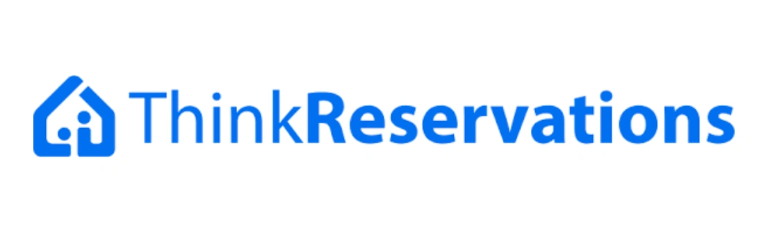 Logo yang menampilkan nama "ThinkReservations" dalam warna biru, menciptakan identitas brand untuk layanan pemesanan akomodasi.