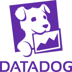 Logo berwarna ungu dengan teks "DATADOG" di bawahnya, menggambarkan layanan pemantauan dan analitik digital, menciptakan identitas merek yang kuat.