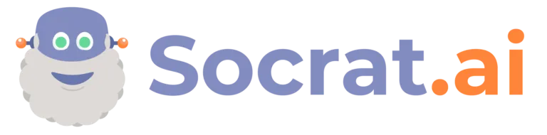 Logo berwarna putih dengan ikon karakter ramah dan teks "Socrat.ai" berwarna biru dan oranye, terletak di latar belakang netral. Ini menggambarkan platform berbasis AI.