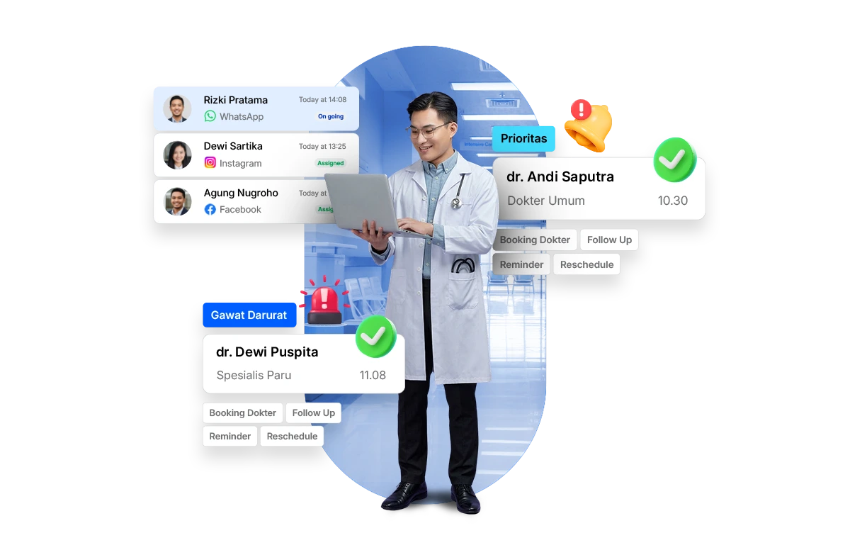 Seorang profesional medis memegang tablet, melihat data pasien dan komunikasi digital, dengan latar belakang yang menciptakan suasana klinis modern.