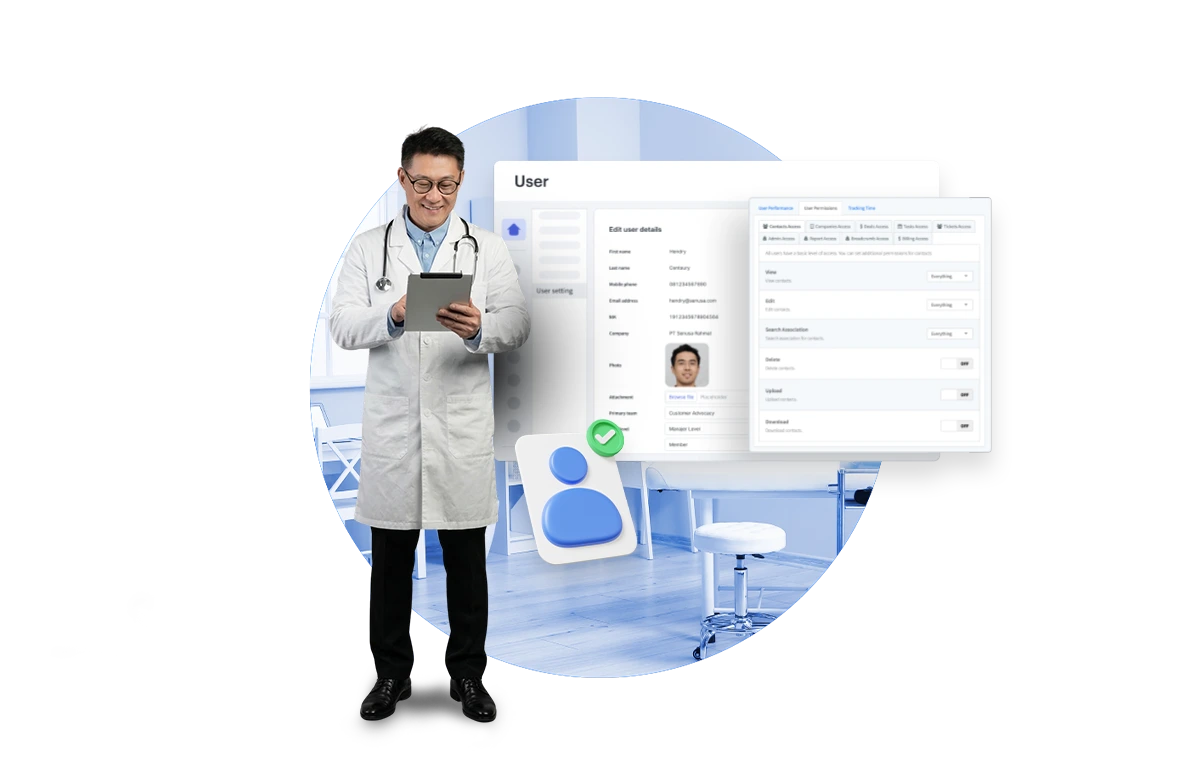 Seorang dokter mengenakan jas lab dan memegang tablet, sementara antarmuka pengguna untuk pengeditan data ditampilkan di latar belakang ruang medis.