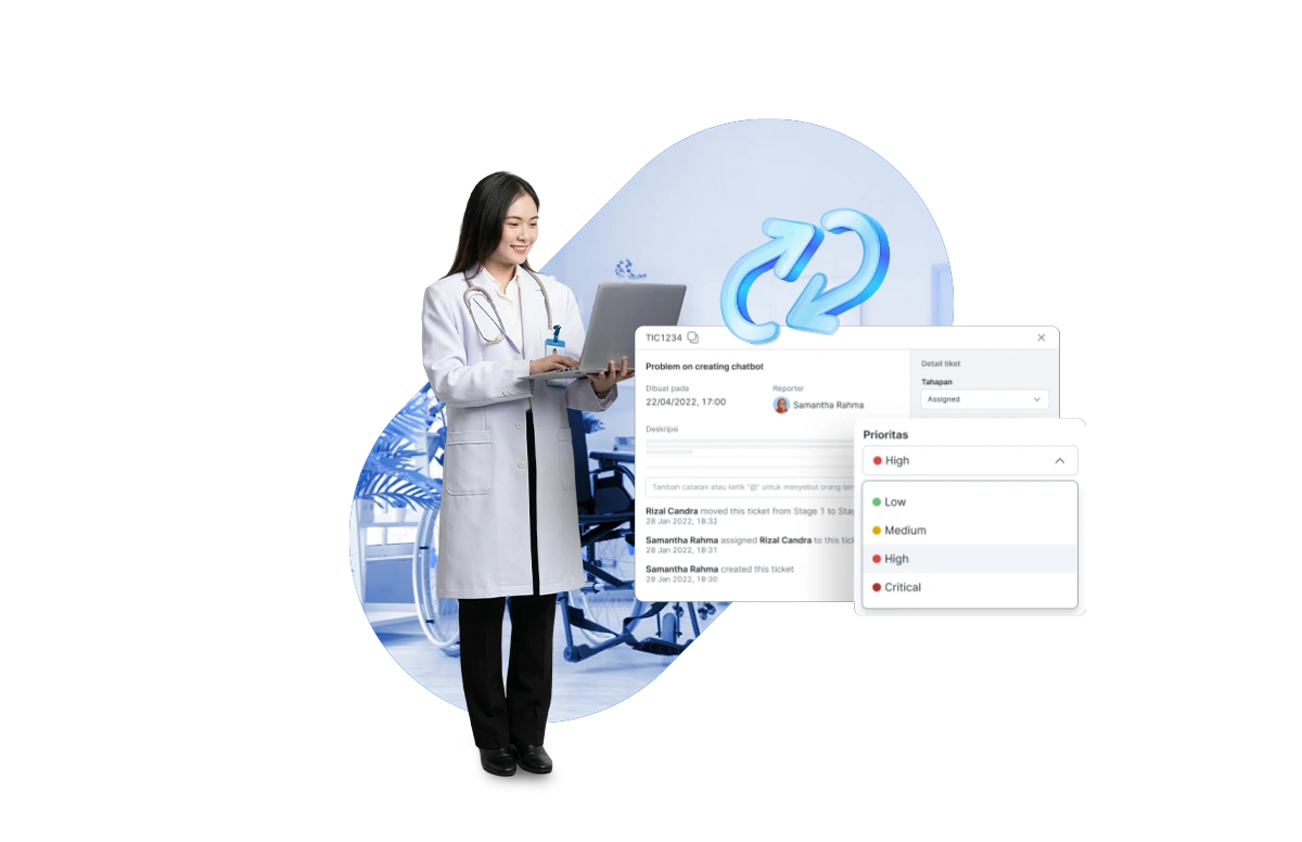 Seorang profesional medis menggunakan laptop untuk mengelola data di lingkungan laboratorium, dikelilingi oleh elemen teknologi canggih dan informasi digital.