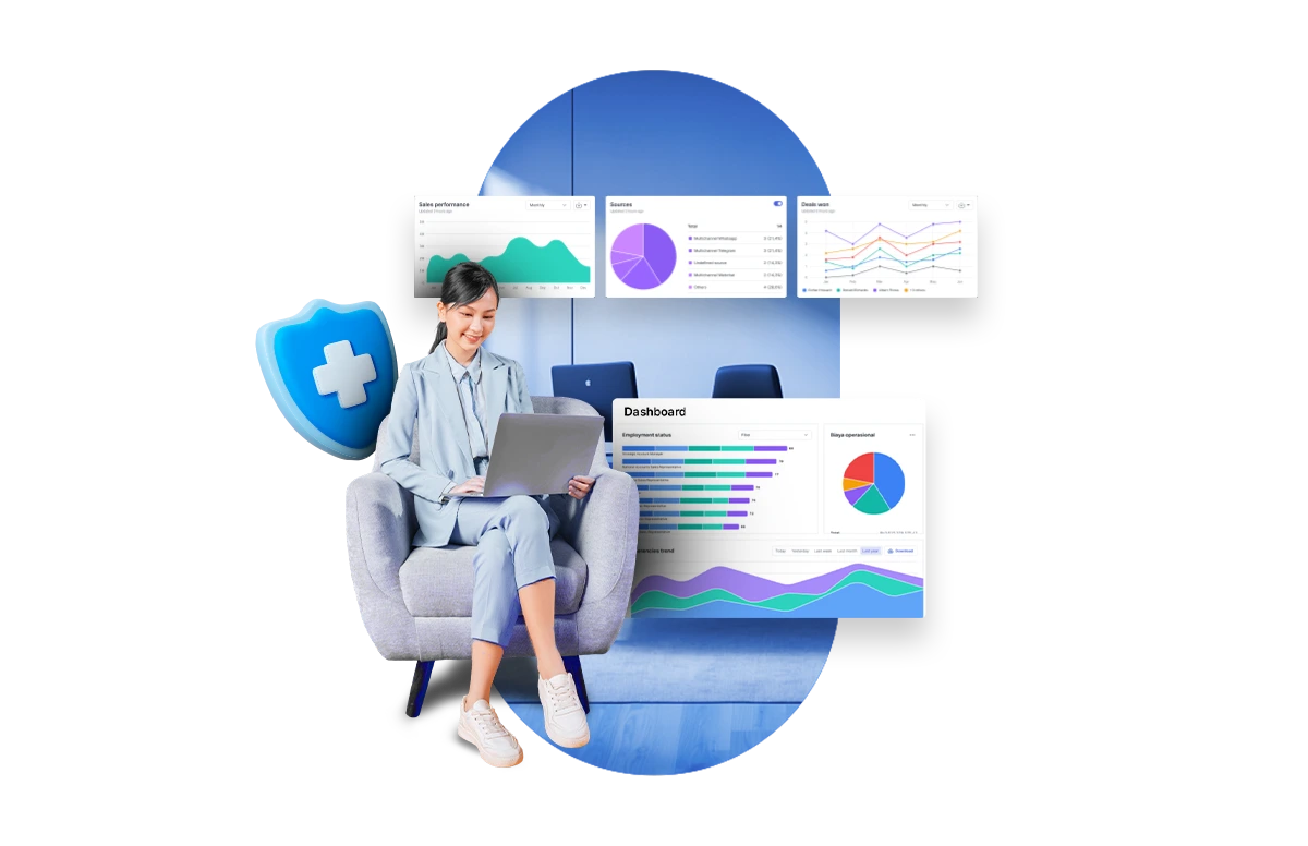 Seseorang duduk di kursi sambil menggunakan laptop, dikelilingi oleh grafik dan data analitik di latar yang modern dan bersih.