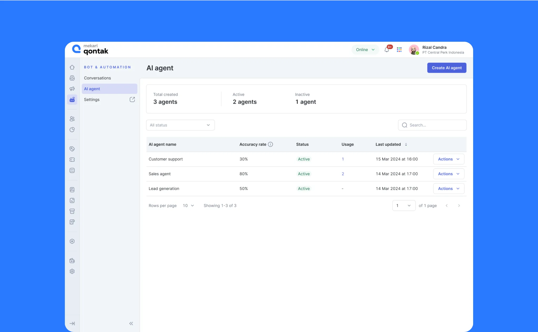 Tiga agen AI terdaftar pada platform otomatisasi, dengan dua aktif dan satu tidak. Masing-masing agen menunjukkan tingkat akurasi dan statusnya.