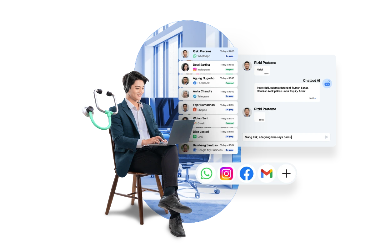 Seorang profesional mengenakan headphone sedang bekerja di laptop, berinteraksi dengan chatbot dan aplikasi pesan di ruang kerja modern yang terang.