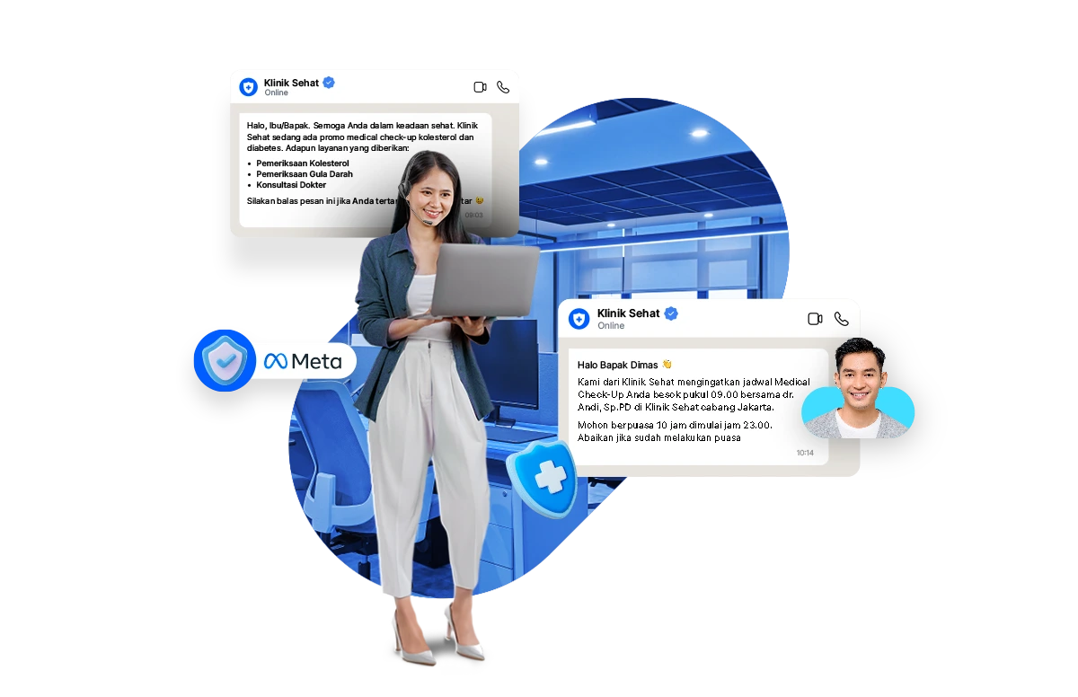 Seorang wanita memegang laptop, berinteraksi secara online dengan Klinik Sehat, memberikan informasi tentang pemeriksaan kesehatan di lingkungan modern.