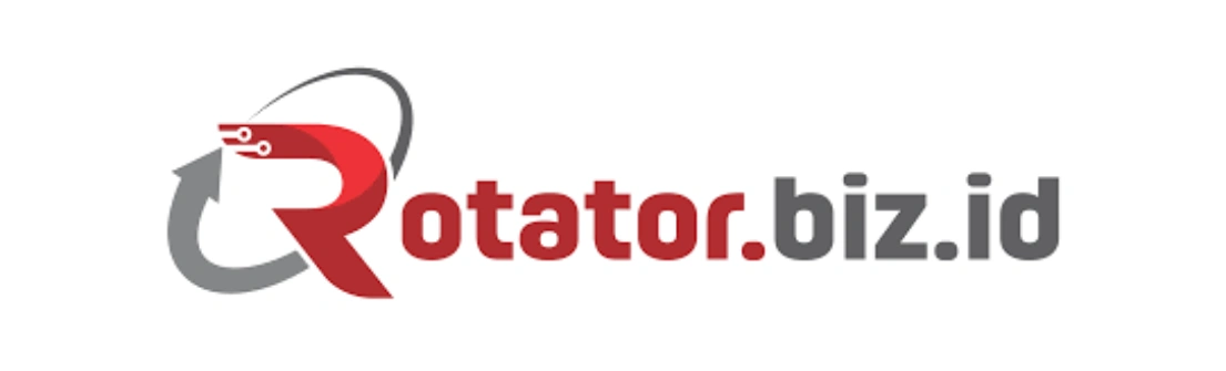 Logo menampilkan nama "Rotator.biz.id" dengan desain modern. Menggunakan warna merah dan hitam, logo ini memberikan kesan profesional dalam konteks bisnis digital.