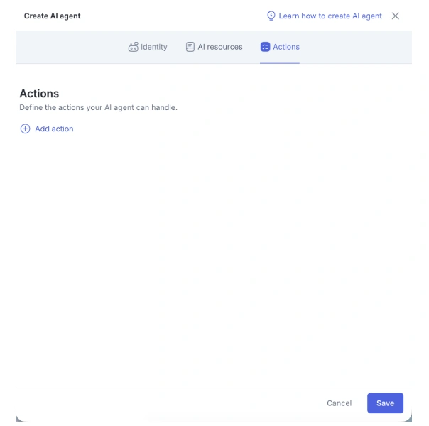 Tampilan Tentukan Action yang Bisa Dilakukan AI CS Agent pada Aplikasi Mekari Qontak cara membuat ai customer service agent-Tentukan Action yang Bisa Dilakukan AI CS Agent